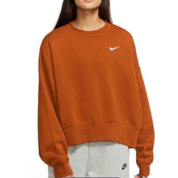 Nike Essential Fleece Crew Sweatshirt Burnt Orange Cropped Dropped Shoulders Med - Picture 1 of 8